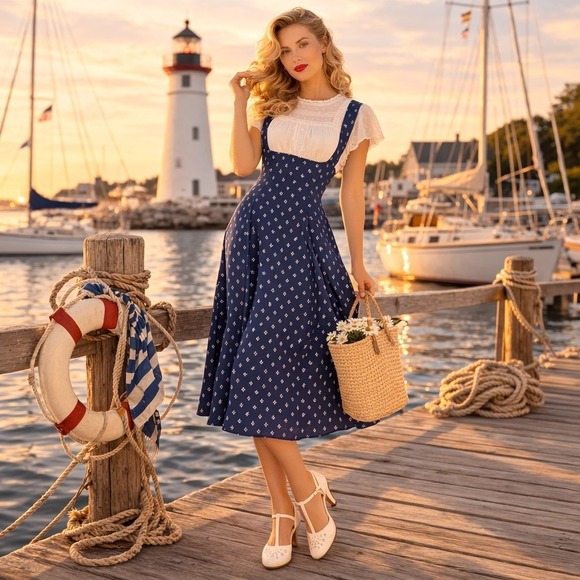 Unique Vintage Dresses & Skirts - Unique Vintage Nautical Anchor Print Sailor Dress Retro Pin Up Midi Suspender XS